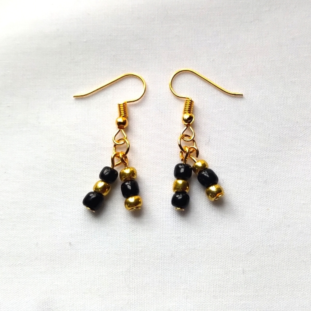 Black and Gold Glass Seed Beaded Dangle Hook Earrings Handmade Simple Dainty